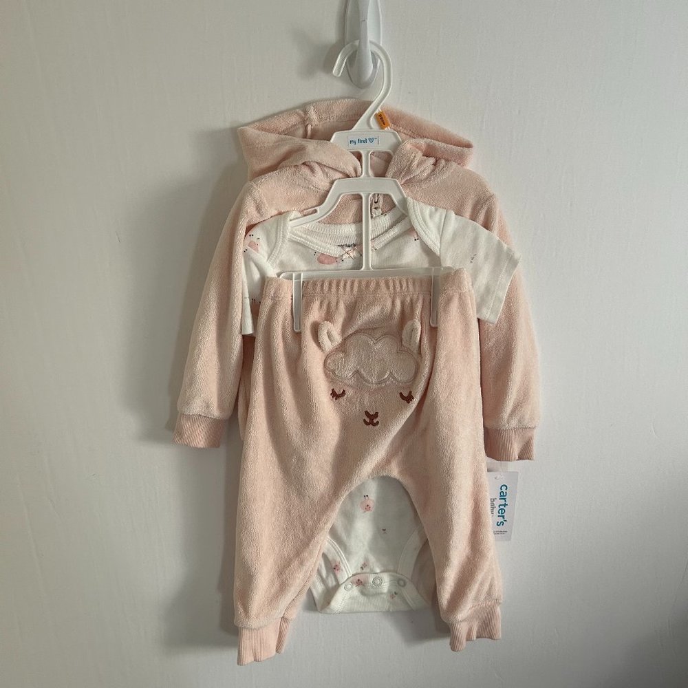 Carter's 3 piece set Bodysuit Pants Sweatshirt Fuzzy Pink Sheep 12M